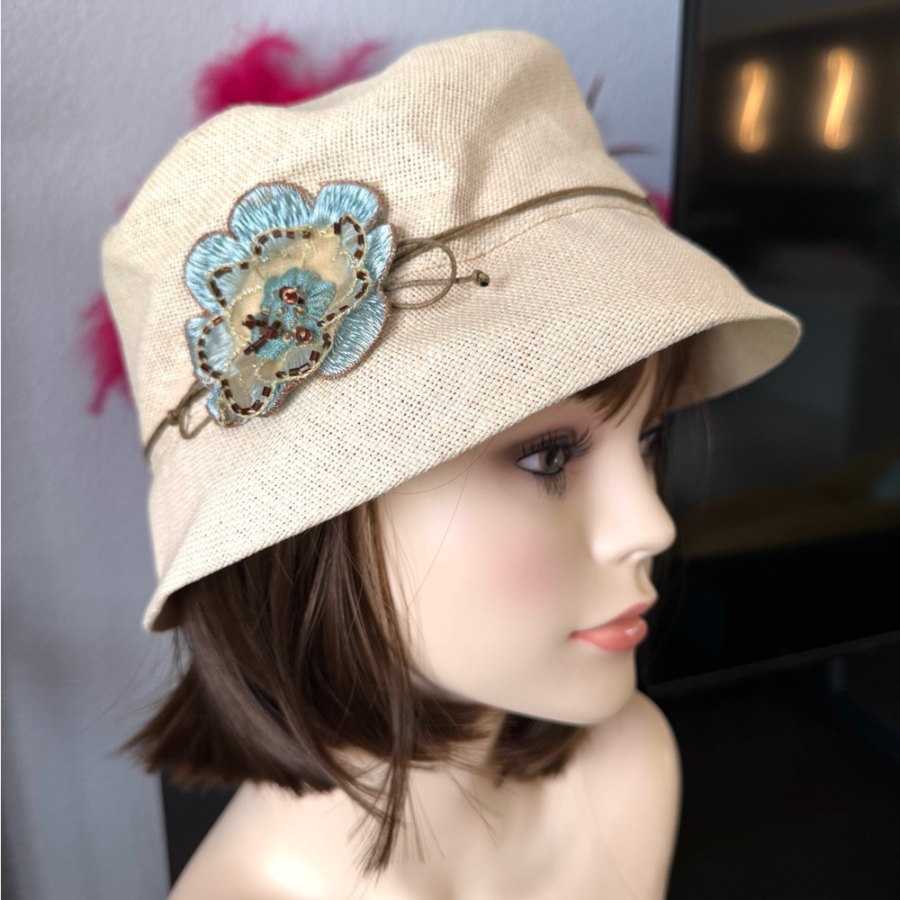Coldwater Creek Bucket Hat with Blue Floral Accent